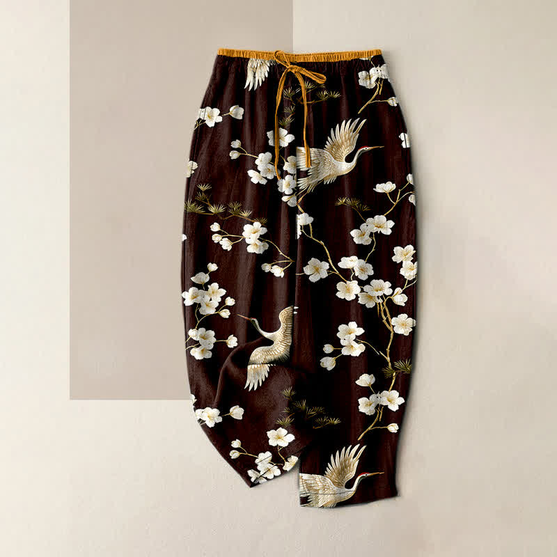 Buddha Stones Damenhose aus reiner Baumwolle mit Kranich- und Pflaumenblütenmuster, elastischem Bund und Taschen - Kastanienbraun - US16, UK/AU20, EU48 (3XL) - image 4