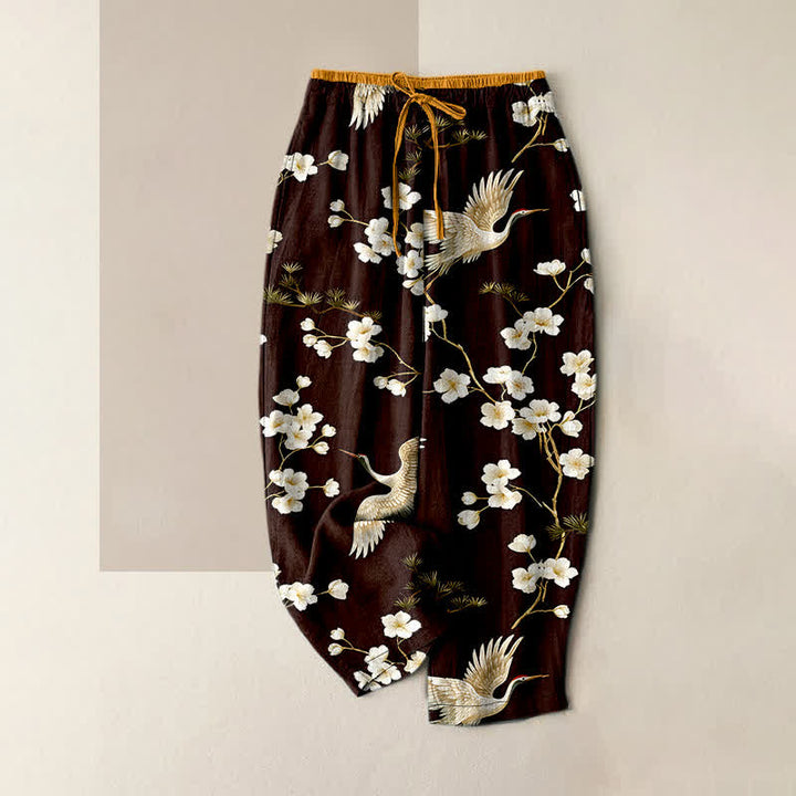 Buddha Stones Damenhose aus reiner Baumwolle mit Kranich- und Pflaumenblütenmuster, elastischem Bund und Taschen - Kastanienbraun - US16, UK/AU20, EU48 (3XL) - image 4