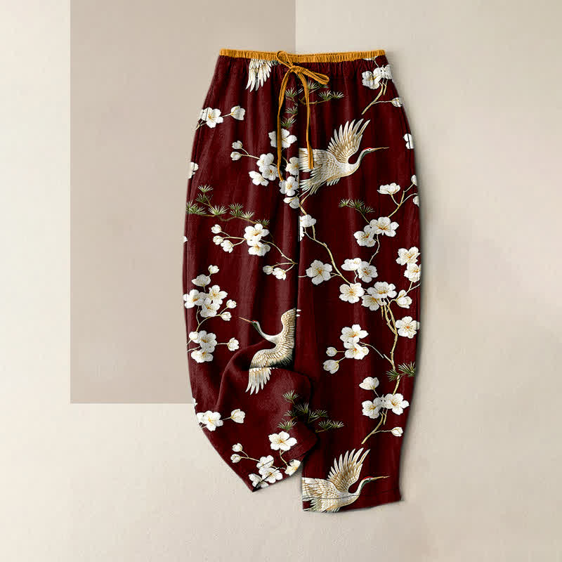 Buddha Stones Damenhose aus reiner Baumwolle mit Kranich- und Pflaumenblütenmuster, elastischem Bund und Taschen - Sattelbraun - US16, UK/AU20, EU48 (3XL) - image 8