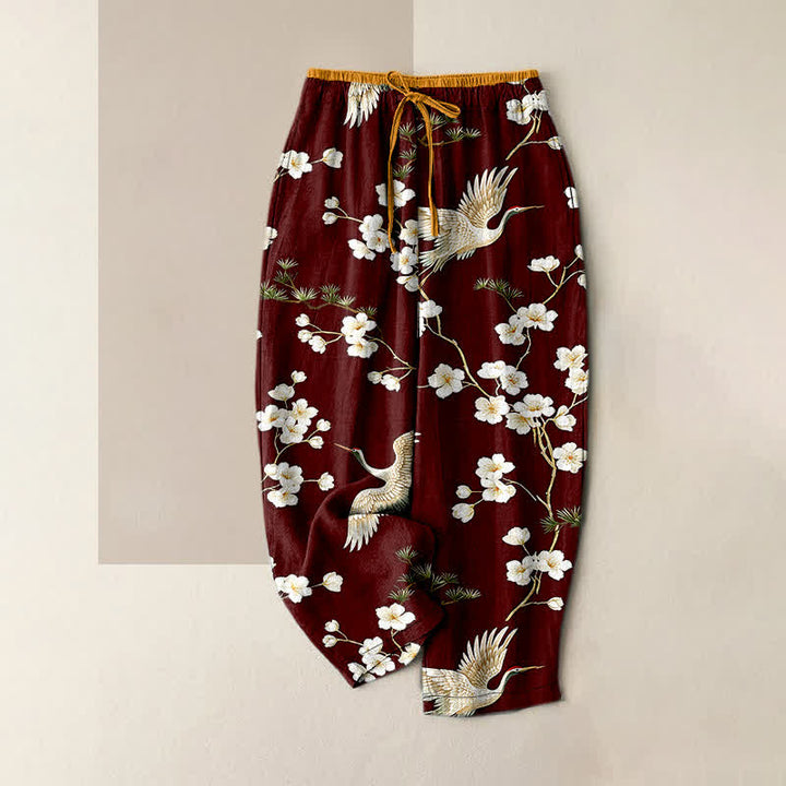 Buddha Stones Damenhose aus reiner Baumwolle mit Kranich- und Pflaumenblütenmuster, elastischem Bund und Taschen - Sattelbraun - US16, UK/AU20, EU48 (3XL) - image 8