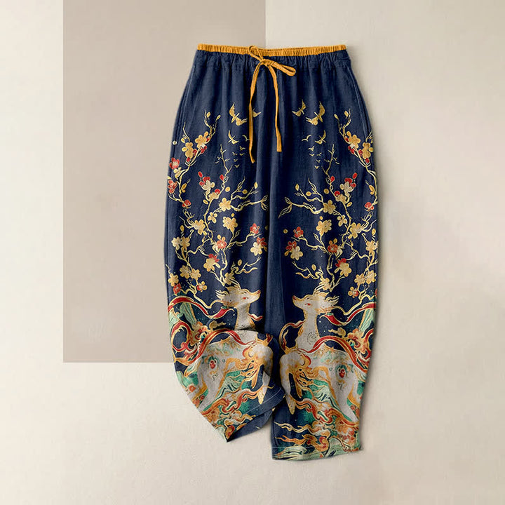 Buddha Stones Damenhose aus reiner Baumwolle mit Pflaumenblüten- und Hirschmotiv, Kordelzug und Taschen - Mitternachtsblau - US16, UK/AU20, EU48 (3XL) - image 0