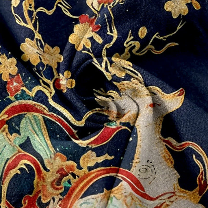 Buddha Stones Damenhose aus reiner Baumwolle mit Pflaumenblüten- und Hirschmotiv, Kordelzug und Taschen - image 2