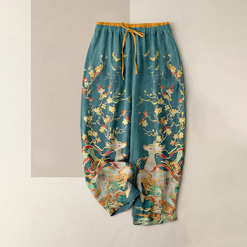 Buddha Stones Damenhose aus reiner Baumwolle mit Pflaumenblüten- und Hirschmotiv, Kordelzug und Taschen - Hellseegrün - US16, UK/AU20, EU48 (3XL) - image 3