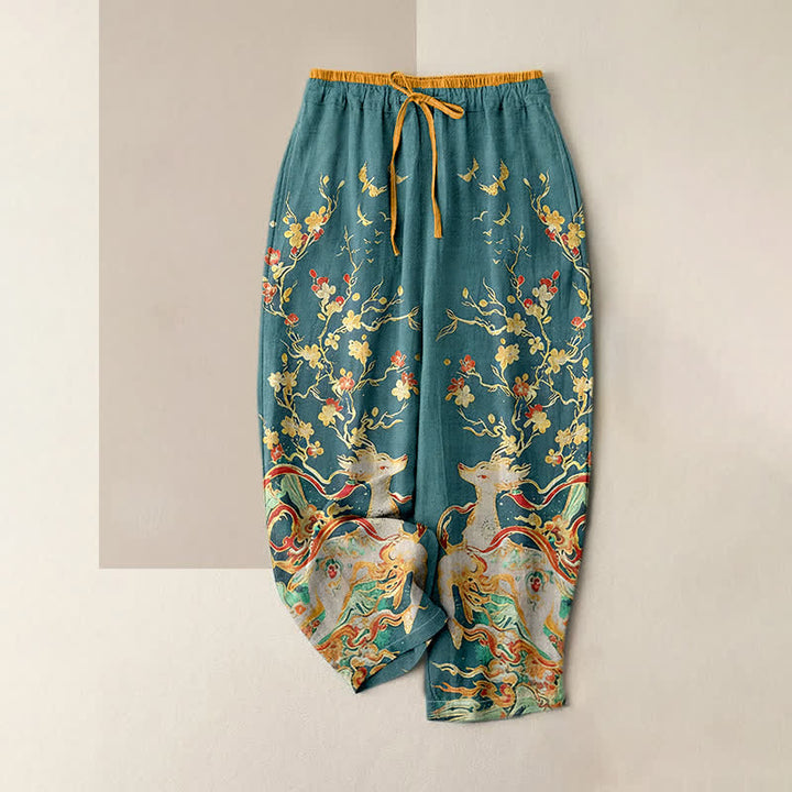 Buddha Stones Damenhose aus reiner Baumwolle mit Pflaumenblüten- und Hirschmotiv, Kordelzug und Taschen - Hellseegrün - US16, UK/AU20, EU48 (3XL) - image 3