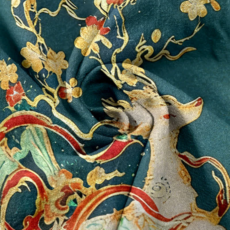 Buddha Stones Damenhose aus reiner Baumwolle mit Pflaumenblüten- und Hirschmotiv, Kordelzug und Taschen - image 5