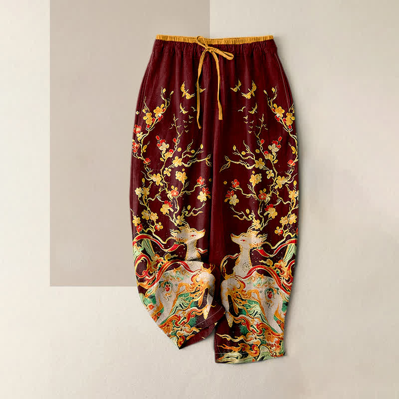 Buddha Stones Damenhose aus reiner Baumwolle mit Pflaumenblüten- und Hirschmotiv, Kordelzug und Taschen - Kastanienbraun - US16, UK/AU20, EU48 (3XL) - image 6