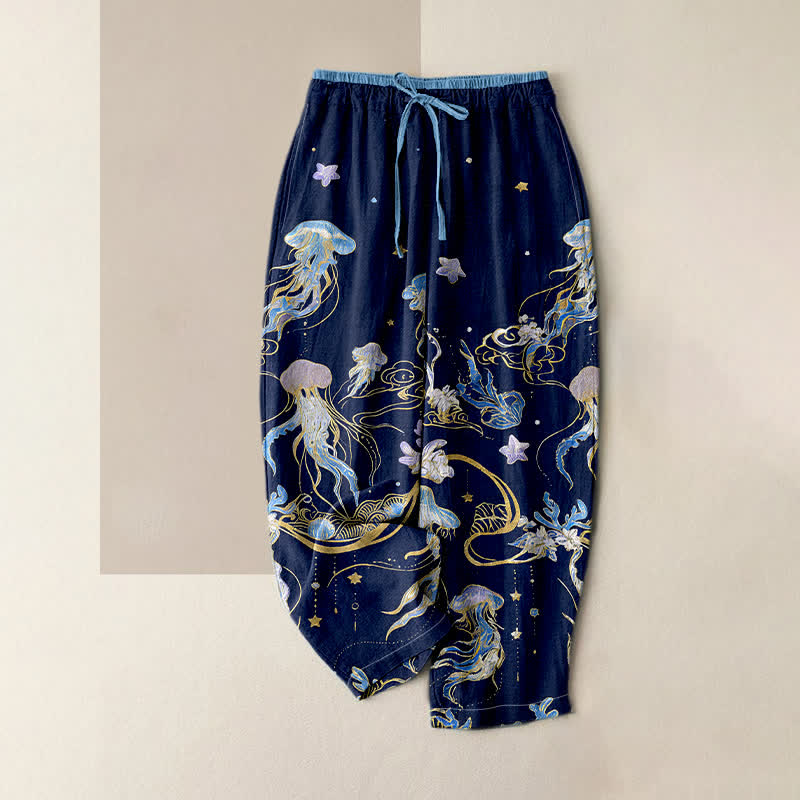 Buddha Stones Damenhose aus reiner Baumwolle mit Quallenmuster, elastischem Bund und Taschen - Marine - US16, UK/AU20, EU48 (3XL) - image 0
