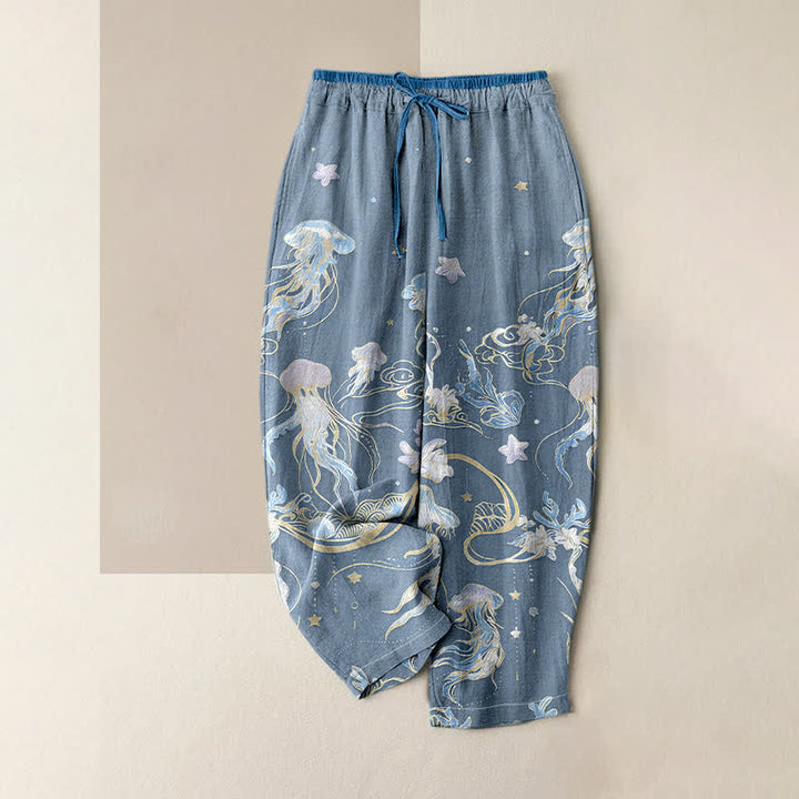 Buddha Stones Damenhose aus reiner Baumwolle mit Quallenmuster, elastischem Bund und Taschen - Hellstahlblau - US16, UK/AU20, EU48 (3XL) - image 6
