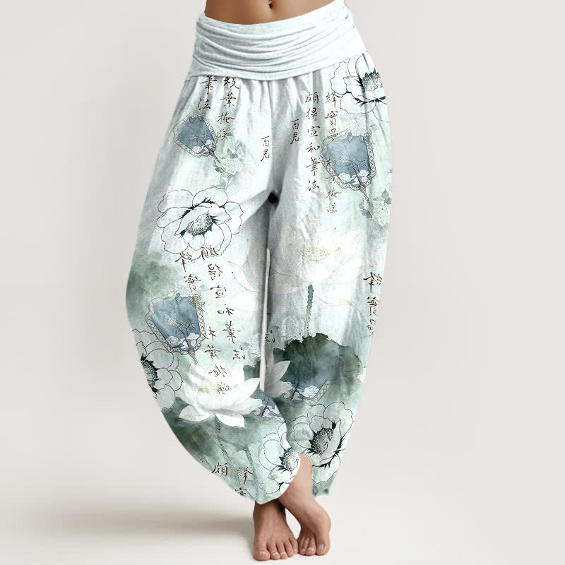 Buddha Stones Damen-Haremshose aus reiner Baumwolle mit Lotusblumen-Fächer-Kalligrafie und elastischem Bund - Hellcyan - US16, UK/AU20, EU48 (3XL) - image 0