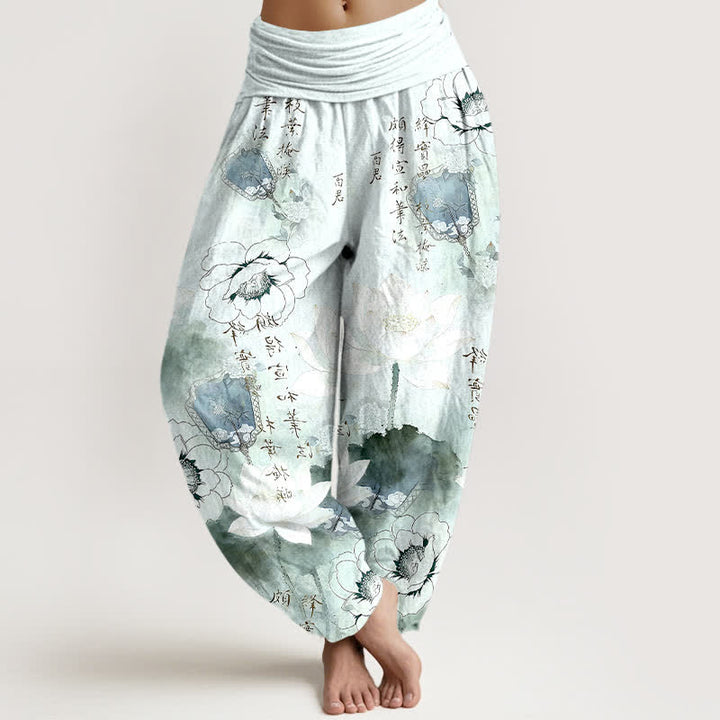 Buddha Stones Damen-Haremshose aus reiner Baumwolle mit Lotusblumen-Fächer-Kalligrafie und elastischem Bund - Hellcyan - US16, UK/AU20, EU48 (3XL) - image 0