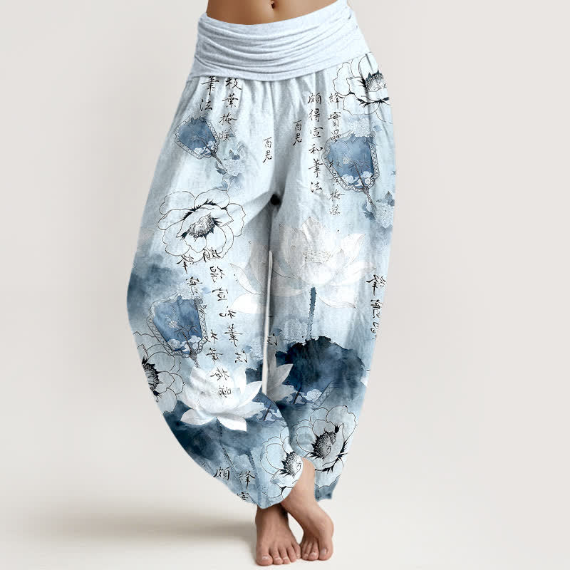 Buddha Stones Damen-Haremshose aus reiner Baumwolle mit Lotusblumen-Fächer-Kalligrafie und elastischem Bund - Hellblau - US16, UK/AU20, EU48 (3XL) - image 5