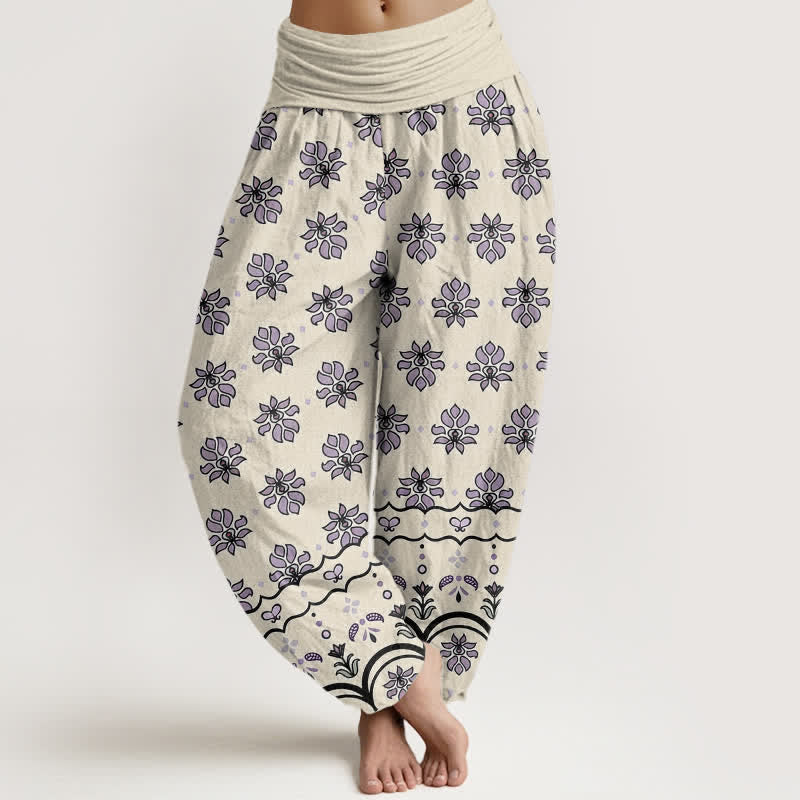 Buddha Stones Damen-Haremshose mit Blumenmuster aus reiner Baumwolle, elastischer Bund und hohem Bund - Beige - US16, UK/AU20, EU48 (3XL) - image 5