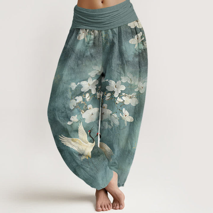 Buddha Stones Damen-Haremshose aus reiner Baumwolle mit Kranich- und Blumenmuster, hoher Bund. - Kadettenblau - US16, UK/AU20, EU48 (3XL) - image 0