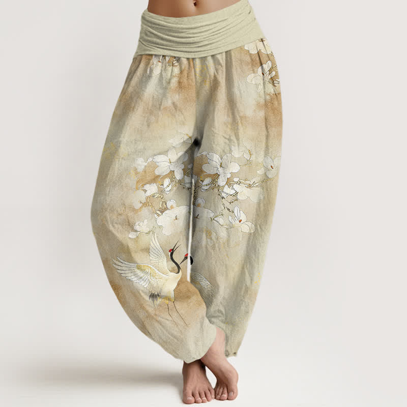 Buddha Stones Damen-Haremshose aus reiner Baumwolle mit Kranich- und Blumenmuster, hoher Bund. - Zitronen-Chiffon - US16, UK/AU20, EU48 (3XL) - image 8