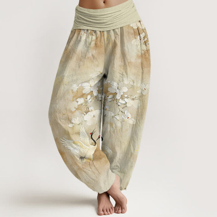 Buddha Stones Damen-Haremshose aus reiner Baumwolle mit Kranich- und Blumenmuster, hoher Bund. - Zitronen-Chiffon - US16, UK/AU20, EU48 (3XL) - image 8