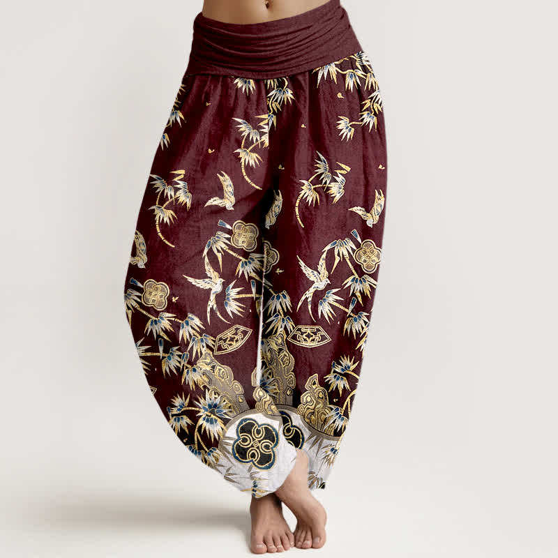 Buddha Stones Baumwoll-Haremshose für Damen mit Vogel- und Bambusmuster, hoher elastischer Bund, aus Baumwolle - Braun - US16, UK/AU20, EU48 (3XL) - image 8