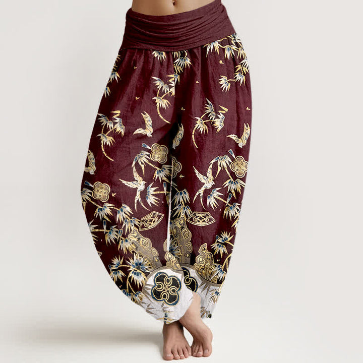 Buddha Stones Baumwoll-Haremshose für Damen mit Vogel- und Bambusmuster, hoher elastischer Bund, aus Baumwolle - Braun - US16, UK/AU20, EU48 (3XL) - image 8