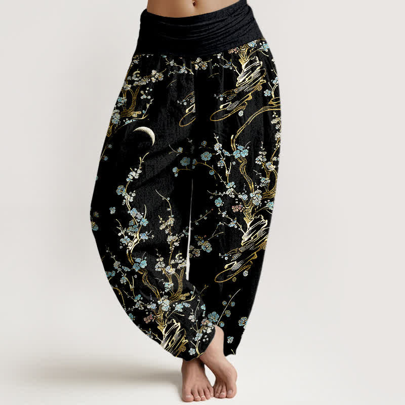 Buddha Stones Haremshose aus reiner Baumwolle mit Pflaumenblütenzweigen und elastischem Bund für Damen - Schwarz - US16, UK/AU20, EU48 (3XL) - image 0