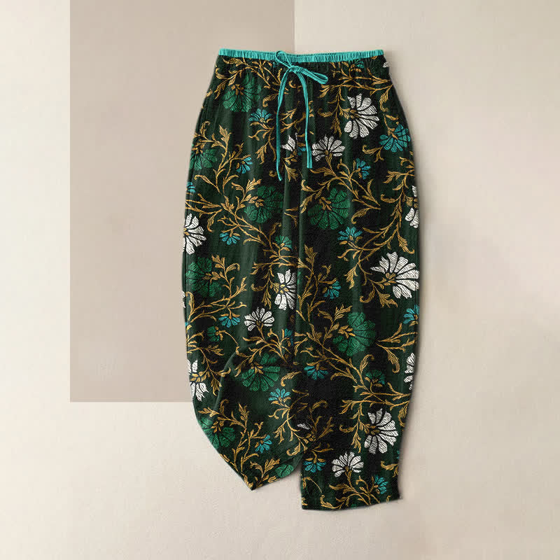 Buddha Stones Flowersl Vine Damen-Baumwollhose mit elastischem Bund, Kordelzug und Taschen - Dunkelolivgrün - US16, UK/AU20, EU48 (3XL) - image 0