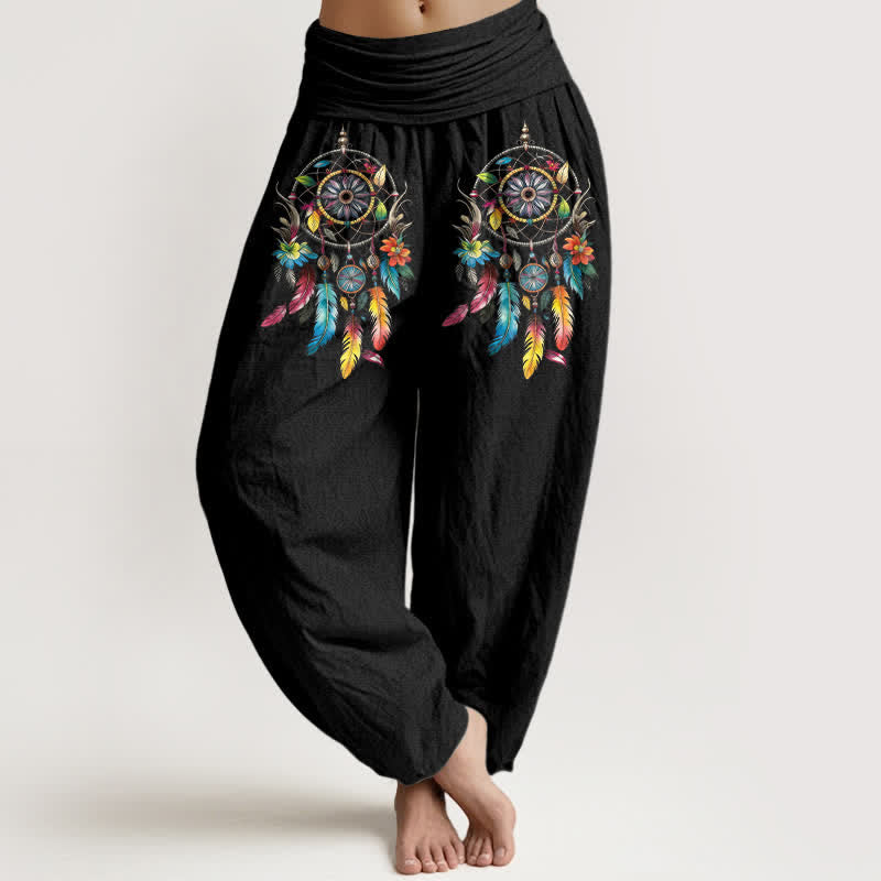 Buddha Stones Baumwoll-Haremshose für Damen mit buntem Doppel-Traumfänger-Muster und hohem Bund - Schwarz - US16, UK/AU20, EU48 (3XL) - image 0