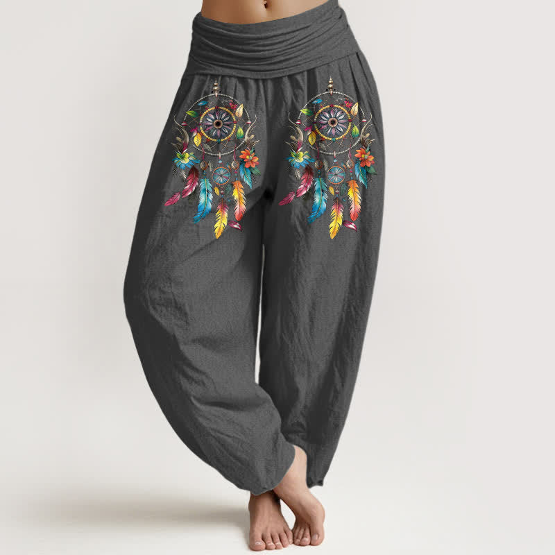 Buddha Stones Baumwoll-Haremshose für Damen mit buntem Doppel-Traumfänger-Muster und hohem Bund - DimGray - US16, UK/AU20, EU48 (3XL) - image 8