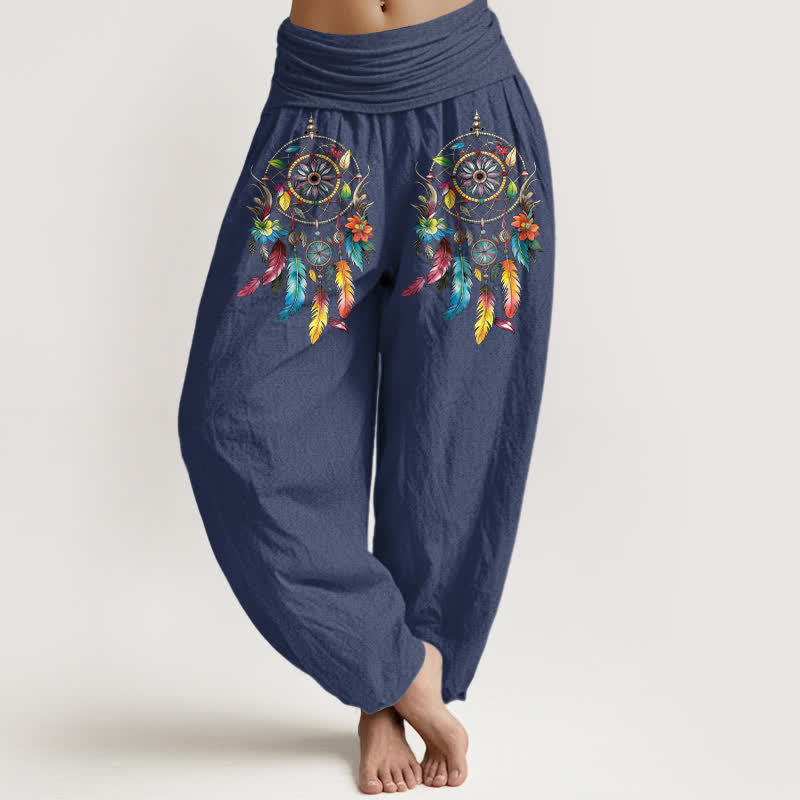 Buddha Stones Baumwoll-Haremshose für Damen mit buntem Doppel-Traumfänger-Muster und hohem Bund - Dunkelschieferblau - US16, UK/AU20, EU48 (3XL) - image 5