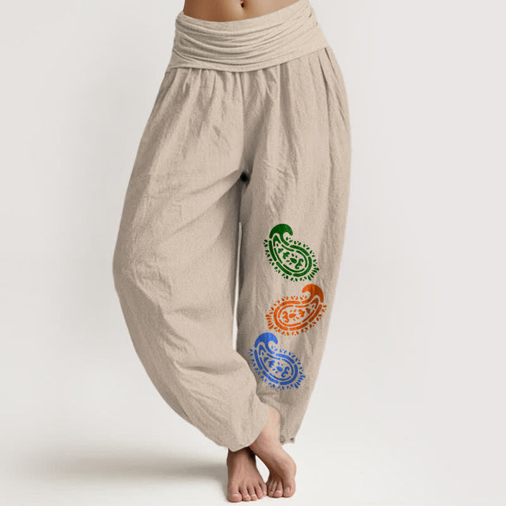 Buddha Stones Damen-Haremshose aus reiner Baumwolle mit buntem Paisley-Muster und hohem Bund - Bräunen - US16, UK/AU20, EU48 (3XL) - image 0