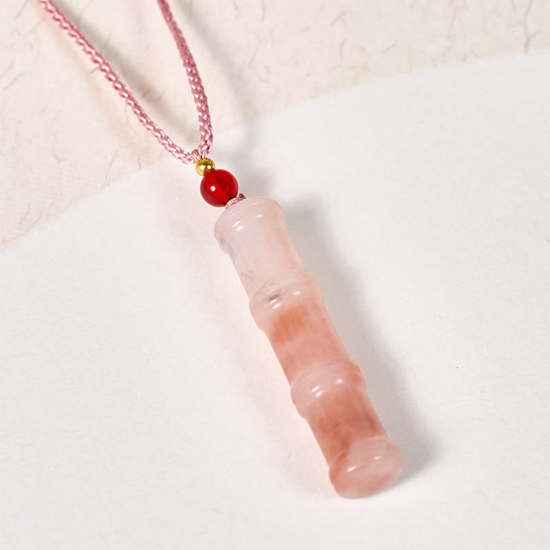 Buddha Stones Halskettenanhänger aus geschnitztem Bambus, natürlichem rosa Quarzit und Jade zum Schutz - image 2