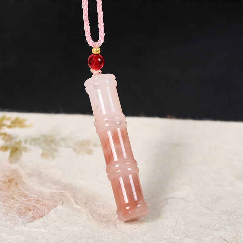 Buddha Stones Halskettenanhänger aus geschnitztem Bambus, natürlichem rosa Quarzit und Jade zum Schutz - image 1