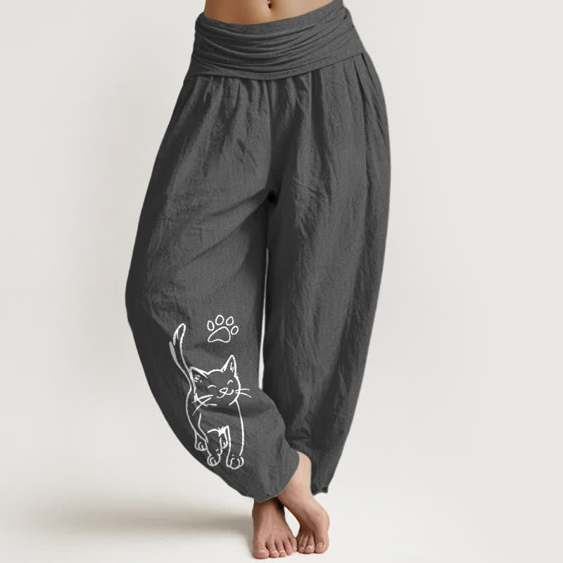 Buddha Stones Damen-Haremshose aus reiner Baumwolle mit niedlichem Katzenmuster und elastischem Bund - DimGray - US16, UK/AU20, EU48 (3XL) - image 0