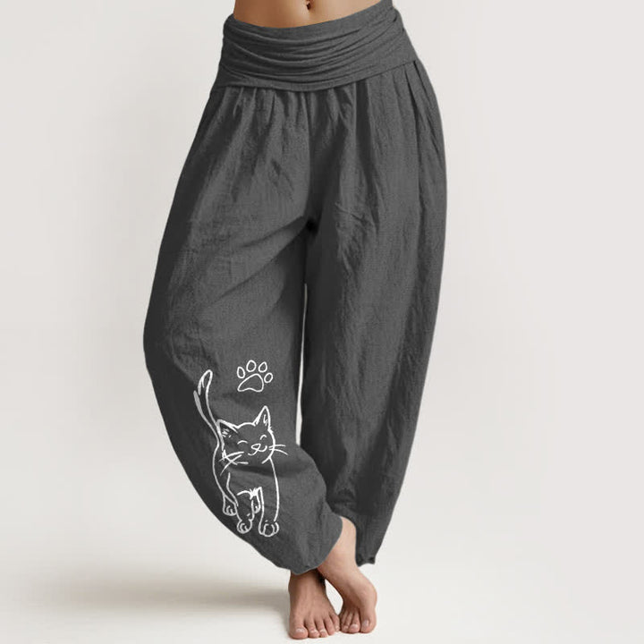 Buddha Stones Damen-Haremshose aus reiner Baumwolle mit niedlichem Katzenmuster und elastischem Bund - DimGray - US16, UK/AU20, EU48 (3XL) - image 0