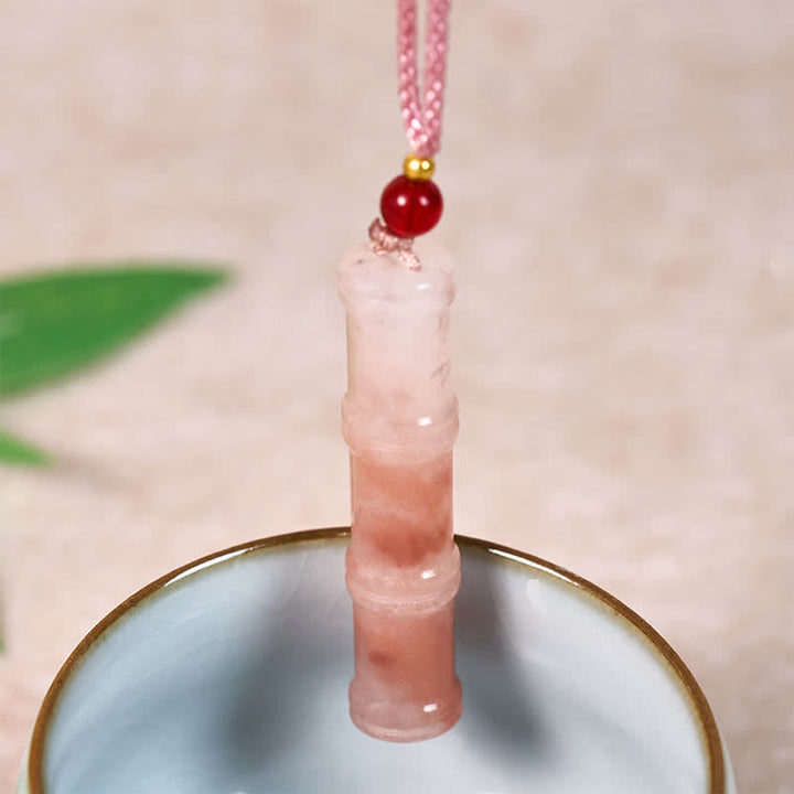 Buddha Stones Halskettenanhänger aus geschnitztem Bambus, natürlichem rosa Quarzit und Jade zum Schutz - image 3