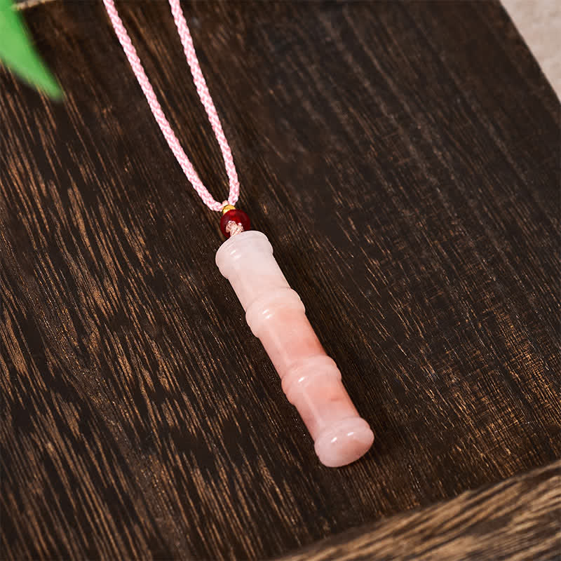 Buddha Stones Halskettenanhänger aus geschnitztem Bambus, natürlichem rosa Quarzit und Jade zum Schutz - image 4