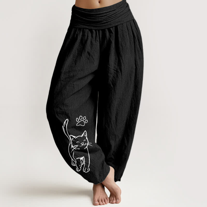 Buddha Stones Damen-Haremshose aus reiner Baumwolle mit niedlichem Katzenmuster und elastischem Bund - Schwarz - US16, UK/AU20, EU48 (3XL) - image 5