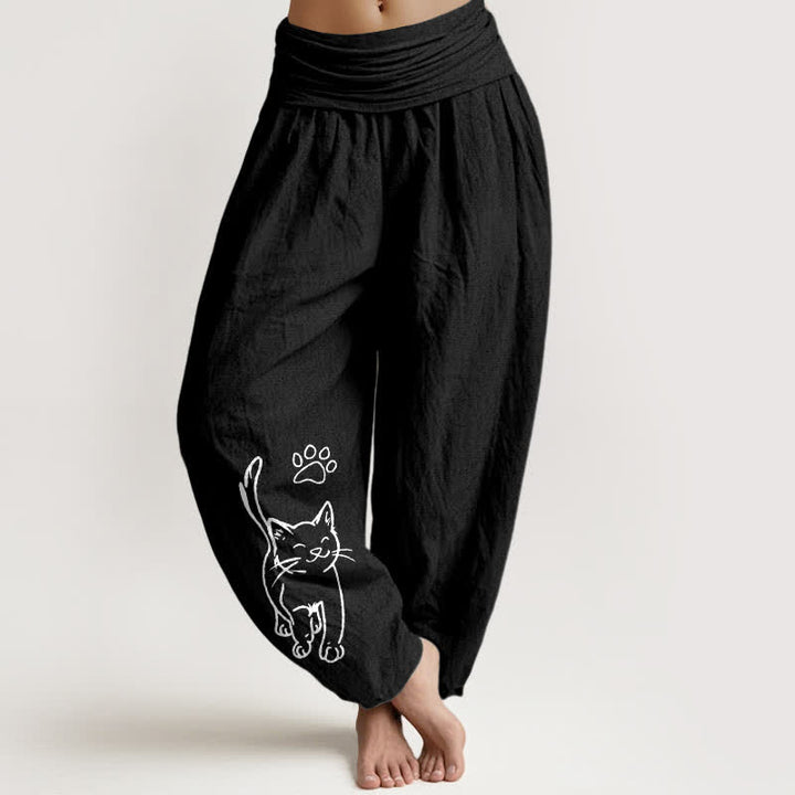 Buddha Stones Damen-Haremshose aus reiner Baumwolle mit niedlichem Katzenmuster und elastischem Bund - Schwarz - US16, UK/AU20, EU48 (3XL) - image 5