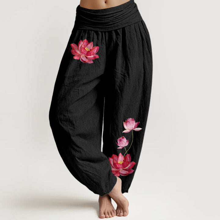 Buddha Stones Damen-Haremshose aus reiner Baumwolle mit rosa Lotusprint und hohem elastischem Bund, verziert mit einem Lotusmuster - Schwarz - US16, UK/AU20, EU48 (3XL) - image 0