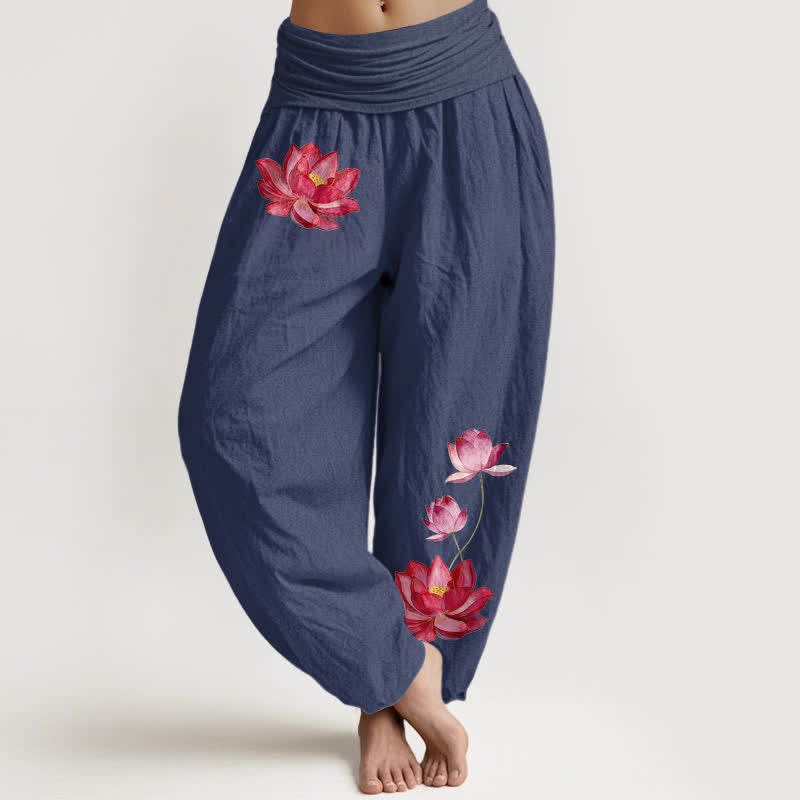 Buddha Stones Damen-Haremshose aus reiner Baumwolle mit rosa Lotusprint und hohem elastischem Bund, verziert mit einem Lotusmuster - Dunkelschieferblau - US16, UK/AU20, EU48 (3XL) - image 5
