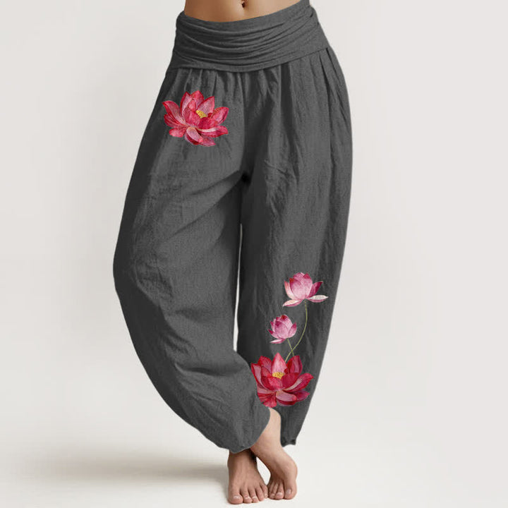 Buddha Stones Damen-Haremshose aus reiner Baumwolle mit rosa Lotusprint und hohem elastischem Bund, verziert mit einem Lotusmuster - DimGray - US16, UK/AU20, EU48 (3XL) - image 8
