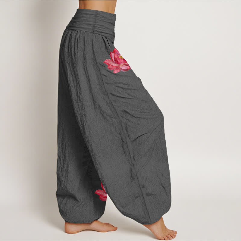 Buddha Stones Damen-Haremshose aus reiner Baumwolle mit rosa Lotusprint und hohem elastischem Bund, verziert mit einem Lotusmuster - image 10