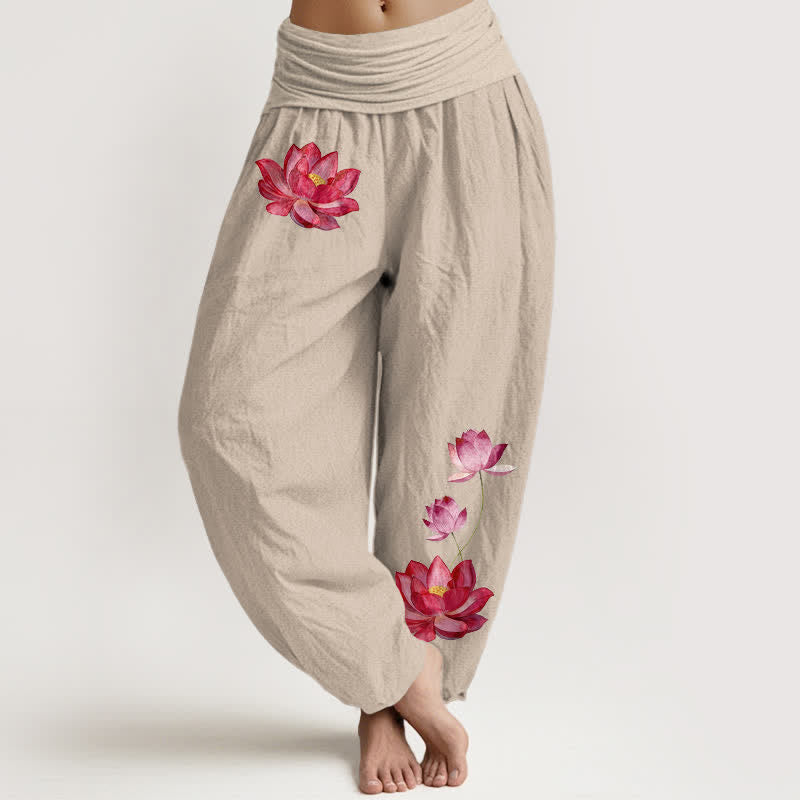 Buddha Stones Damen-Haremshose aus reiner Baumwolle mit rosa Lotusprint und hohem elastischem Bund, verziert mit einem Lotusmuster - Bräunen - US16, UK/AU20, EU48 (3XL) - image 11
