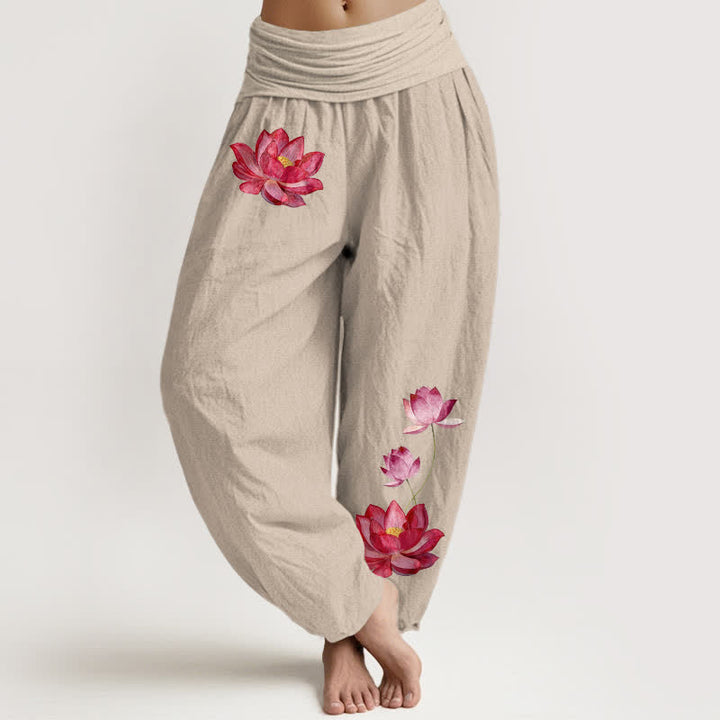 Buddha Stones Damen-Haremshose aus reiner Baumwolle mit rosa Lotusprint und hohem elastischem Bund, verziert mit einem Lotusmuster - Bräunen - US16, UK/AU20, EU48 (3XL) - image 11