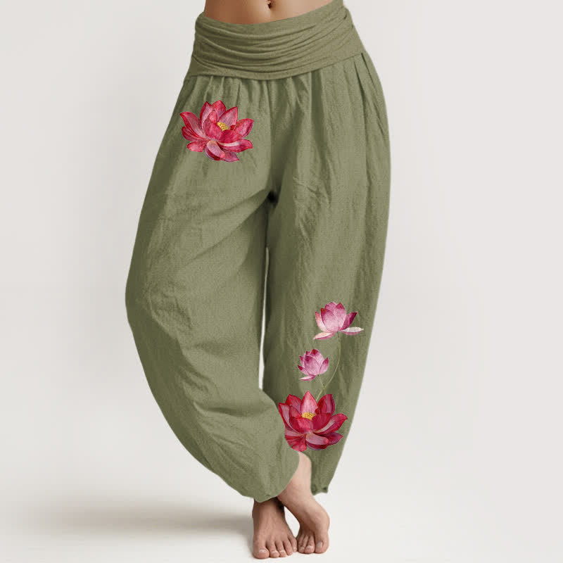 Buddha Stones Damen-Haremshose aus reiner Baumwolle mit rosa Lotusprint und hohem elastischem Bund, verziert mit einem Lotusmuster - Olivgrün - US16, UK/AU20, EU48 (3XL) - image 14