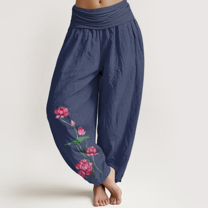Buddha Stones Damen-Haremshose aus reiner Baumwolle mit Lotusblumen- und Lotusblattmuster sowie elastischem Bund - Dunkelschieferblau - US16, UK/AU20, EU48 (3XL) - image 0