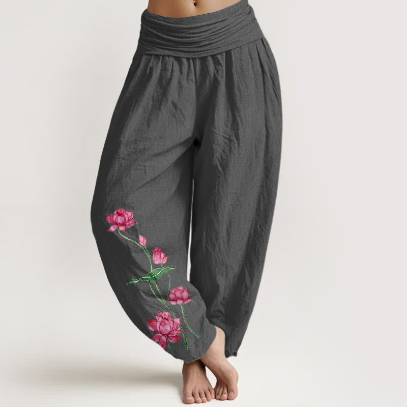 Buddha Stones Damen-Haremshose aus reiner Baumwolle mit Lotusblumen- und Lotusblattmuster sowie elastischem Bund - DimGray - US16, UK/AU20, EU48 (3XL) - image 8