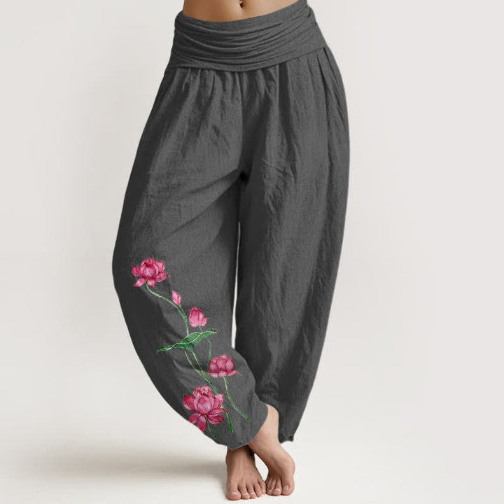 Buddha Stones Damen-Haremshose aus reiner Baumwolle mit Lotusblumen- und Lotusblattmuster sowie elastischem Bund - DimGray - US16, UK/AU20, EU48 (3XL) - image 8
