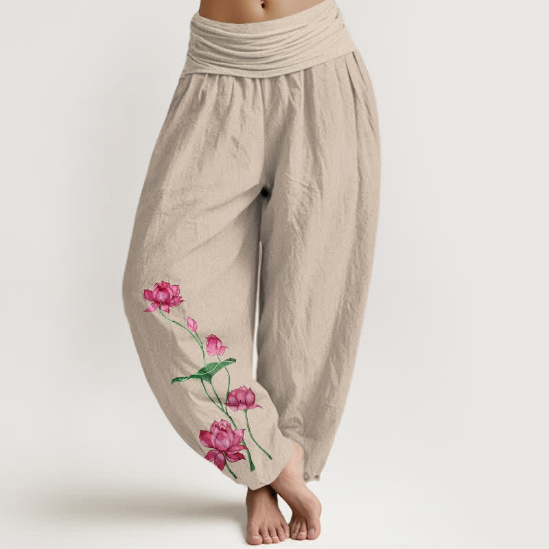 Buddha Stones Damen-Haremshose aus reiner Baumwolle mit Lotusblumen- und Lotusblattmuster sowie elastischem Bund - Bräunen - US16, UK/AU20, EU48 (3XL) - image 11