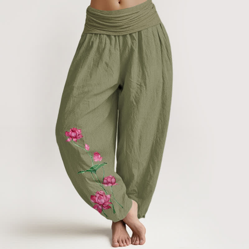 Buddha Stones Damen-Haremshose aus reiner Baumwolle mit Lotusblumen- und Lotusblattmuster sowie elastischem Bund - Olivgrün - US16, UK/AU20, EU48 (3XL) - image 14