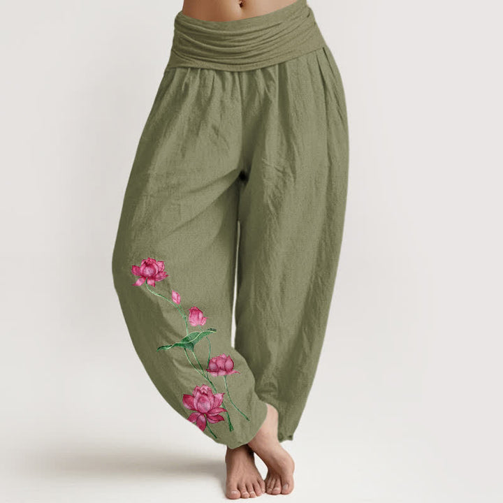 Buddha Stones Damen-Haremshose aus reiner Baumwolle mit Lotusblumen- und Lotusblattmuster sowie elastischem Bund - Olivgrün - US16, UK/AU20, EU48 (3XL) - image 14