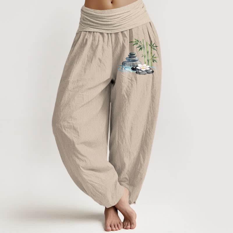 Buddha Stones Haremshose aus reiner Baumwolle mit Bambusblumenmuster und Strasssteinen, hoher Bund, für Damen - Bräunen - US16, UK/AU20, EU48 (3XL) - image 0