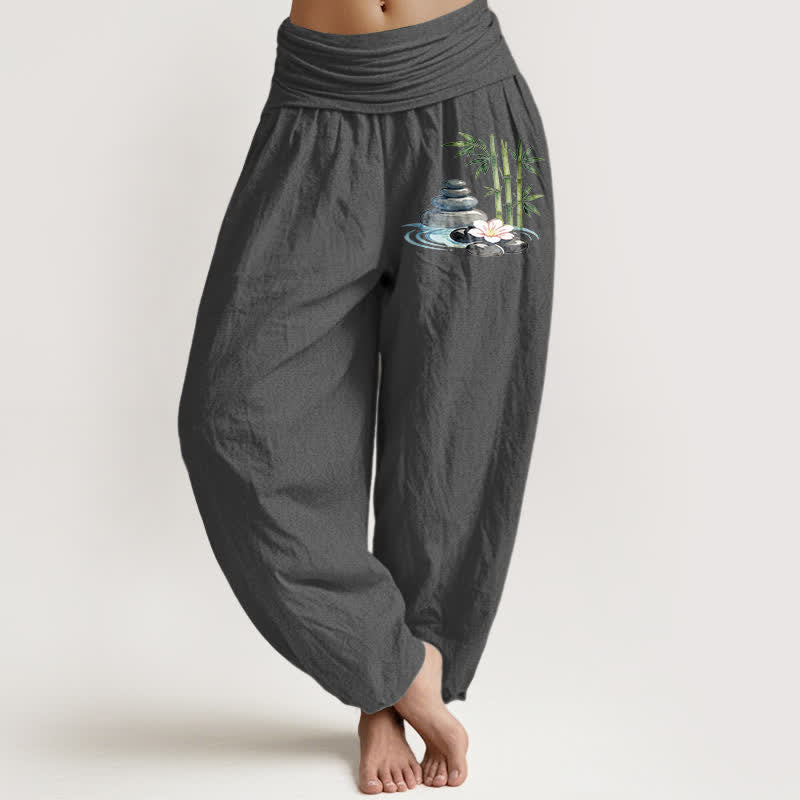 Buddha Stones Haremshose aus reiner Baumwolle mit Bambusblumenmuster und Strasssteinen, hoher Bund, für Damen - DimGray - US16, UK/AU20, EU48 (3XL) - image 11